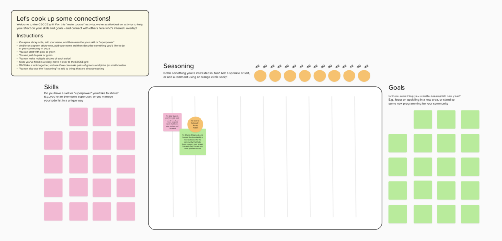 A screenshot of a Mural board that is populated with green, pink, and orange sticky notes. 